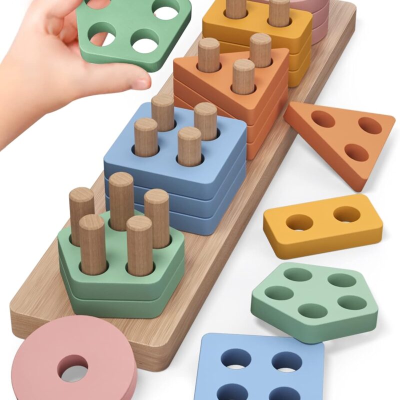 Montessori Toys for 1 2 Year Old, Wooden Sorting and Stacking Toys for Toddlers, Baby Shape Sorter and Color Stacker Blocks for Toddler, Preschool Learning Toy, Gift for 12-18 Month Boys Girls