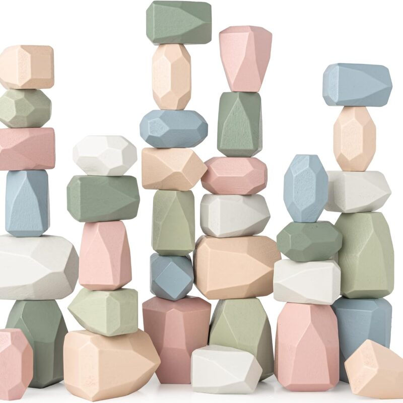 Stacking Rocks 36 Pieces, 36 Months+, Educational Toddler Stacking Blocks, Promotes Imagination, Balance & Fine Motor Skills - Wooden Rocks Sensory Toys Gift for Kid, Neutral Pack