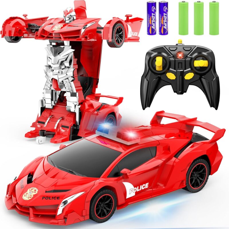 Transform Remote Control Car Robot, One Button Deformation to Robot with Flashing Light, 2.4Ghz 1:18 Scale Transforming Police Car Kids Toys with 360 Degree Rotating Drifting, Toys for Boys Girls