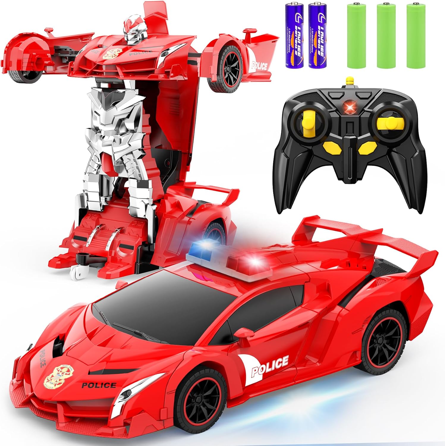 Transform Remote Control Car Robot, One Button Deformation to Robot with Flashing Light, 2.4Ghz 1:18 Scale Transforming Police Car Kids Toys with 360 Degree Rotating Drifting, Toys for Boys Girls