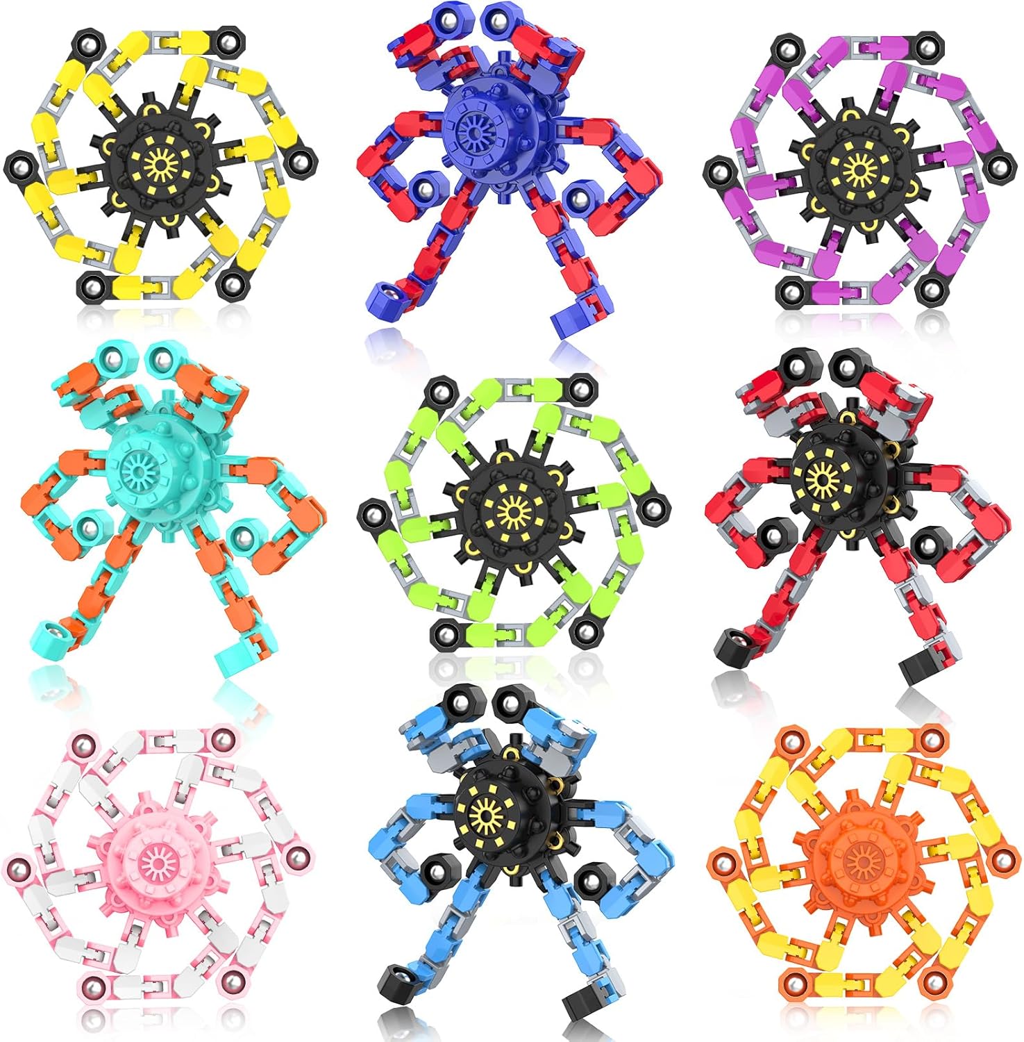 Transformable Fidget Spinners,9PCS Funny Sensory Fidget Toys Adults Deformable Chain DIY Robot Spinner,Fingertip Stress Relief Gyro Toy Halloween Party Favors Christmas Stocking Stuffers for Kids